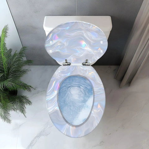 Elongated Resin Toilet Seat for Bathroom, overhead view showing a pearlescent design, fitting most standard toilets.