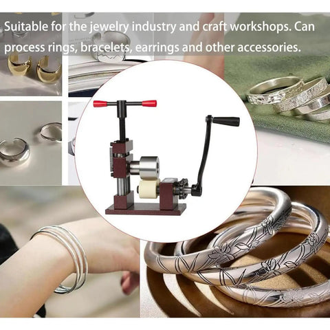 Kickass Ring And Bracelet Press Bender Machine With Adjustable Rolling Mill, showcasing metal tools and jewelry accessories.