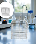 Stainless Steel Ultrasonic Parts Cleaner Basket With Swinging Handle Heavy Duty High Temperature Resistant Open Mesh Design For Jewelry Small Hardware And Delicate Laboratory Items Cleaning At Home, front view