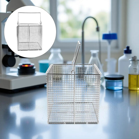 Stainless Steel Ultrasonic Parts Cleaner Basket With Swinging Handle Heavy Duty High Temperature Resistant Open Mesh Design For Jewelry Small Hardware And Delicate Laboratory Items Cleaning At Home, front view