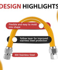 Heavy Duty 18 Inch Gas Hose Connector With One Inch Outer Diameter And Three Quarter Inch FIP To Three Quarter Inch FIP Fittings Yellow