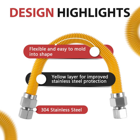 Heavy Duty 18 Inch Gas Hose Connector With One Inch Outer Diameter And Three Quarter Inch FIP To Three Quarter Inch FIP Fittings Yellow