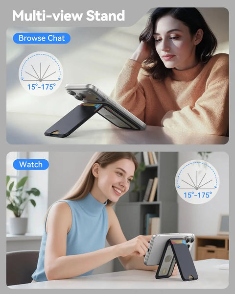 Two women use MagSafe Wallet With Five Card Slots And Stand, Magnetic Phone Wallet for iPhone on desks, showing multi-view angles.