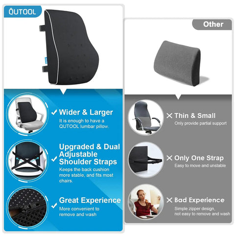 Comparison of Comfortable Lumbar Support Pillow For Office Chair And Car With Mesh Cover And Double Adjustable Straps against a smaller pillow.