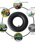 Two Pack Inner Tubes For 16x6.50-8 And 16x7.50-8 Tires With Bent Valve Stem Beefed Up Rubber For Extra Cushion Fits Lawn Mowers Snow Blowers ATVs Go Karts And More, shown with compatible equipment like lawn mowers and ATVs.