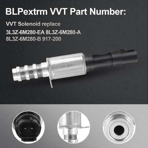 VVT Solenoid Replacement For Ford F150 Explorer Expedition Mustang Lincoln Navigator Lincoln Mark LT 4.6L 5.4L V8 Camshaft Position Actuator Solenoid 8L3Z 6M280 A 2 Pack Fits 3L3Z 6M280 EA 3L3Z6M280EA, displayed with metal body and connector close-ups.