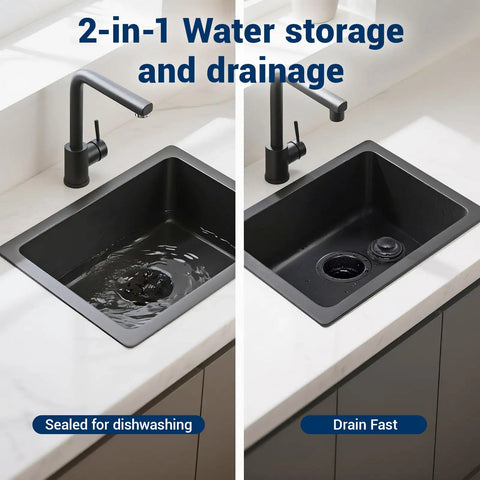 Black Kitchen Sink Flange Stopper Universal Fit For Three And A Half Inch Standard Sink Drain Hole Replacement Accessory For Garbage Disposals Durable Stainless Steel in kitchen sink displaying water storage and drainage.