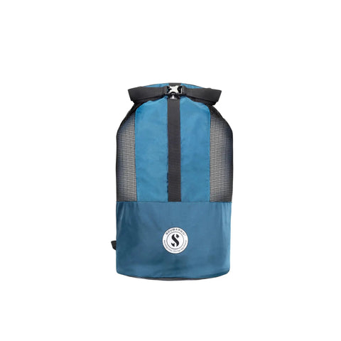 65 Mesh Dive Bag With Roll Top Closure And Side Zipper For Snorkeling And Scuba Gear Denim Blue Fabric With Black Lining front view