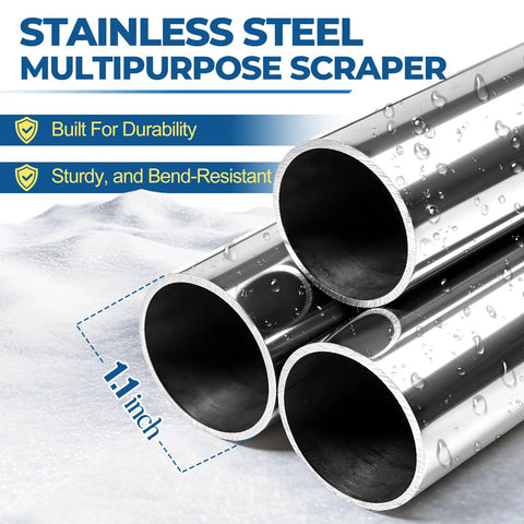 Stainless steel multipurpose scraper tubes, built for durability, 1.1 inch diameter, sturdy and bend-resistant in a close-up view.