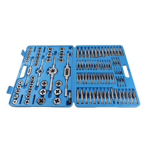 Ultimate 110 Piece Carbon Steel Metric Thread Tap And Die Set With Adjustable Wrenches For Hand Tapping Bolt Threading Male Female Nut Cutting Tools Perfect For Mechanics, open case