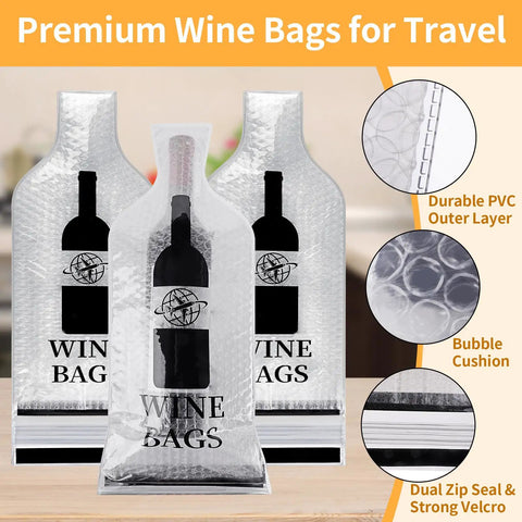 Travel Wine Bags 3 Pack Reusable Bottle Sleeves with Triple Leakproof Protection and Shock Absorbing Bubble Padding