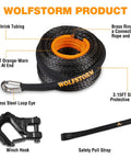 One Half Inch 100 Foot Synthetic Winch Rope Kit With Protective Sleeve, Heavy Duty Forged Hook, Safety Ribbon, 33,000 Lbs Break