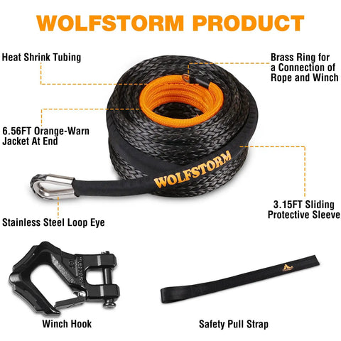 One Half Inch 100 Foot Synthetic Winch Rope Kit With Protective Sleeve, Heavy Duty Forged Hook, Safety Ribbon, 33,000 Lbs Break