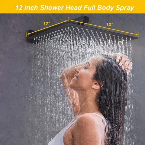 Rain Shower System With 12-Inch Square Head And High Flow Handheld, Matte Black Wall Mount Luxury Mixer, woman enjoying rainfall