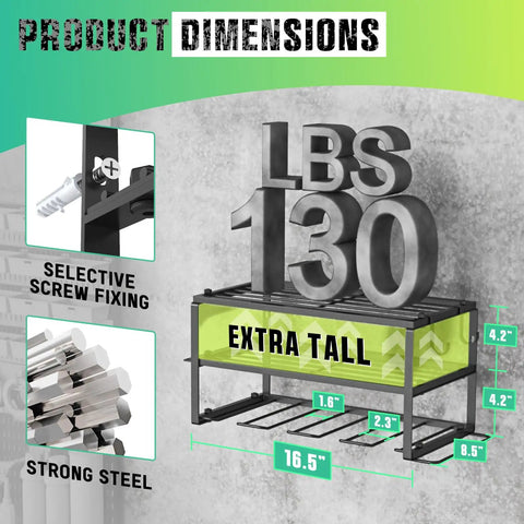 Heavy Duty Power Tool Organizer Wall Mount Rack With 3 Layers And 4 Drill Holders Floating Tool Shelf For Garage And Workshop Matte Black Finish 150 Pound Load Capacity showing dimensions and weight capacity with extra tall shelf, selective screw fixing, and strong steel material.