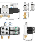 Dimensions and components of Two Station Solenoid Valve Manifold, 24V DC 5 Way 2 Position Pneumatic Air Valve with Double Solenoids.