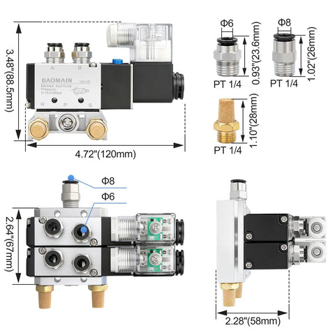 Dimensions and components of Two Station Solenoid Valve Manifold, 24V DC 5 Way 2 Position Pneumatic Air Valve with Double Solenoids.