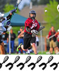 Lacrosse players in action with 20 Pack Football Mouth Guards With Strap Black Adult Size Bulk Mouthpieces shown below.