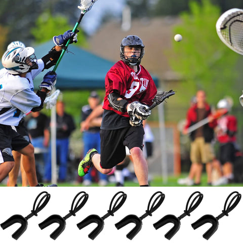 Lacrosse players in action with 20 Pack Football Mouth Guards With Strap Black Adult Size Bulk Mouthpieces shown below.