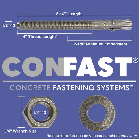 Galvanized Half Inch By Five And A Half Inch Wedge Anchor For Concrete Only Built For Moist Environments Beefy Heavy Duty Concrete Fastener Corrosion Resistant Steel Box Of 25 Anchors For Reliable Bond with measurements and components.