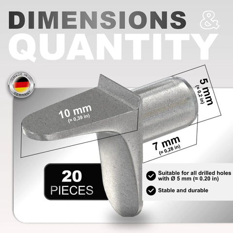 Heavy Duty Cabinet Shelf Support Pegs Tough As Nails Rustproof Steel Pin Hardware With Grippy Anti Slip Inserts For Rock Solid Cabinet And Furniture Setup 20 Piece Set measuring 5mm diameter.