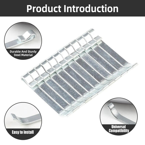 Rock Solid Heavy Duty Drawer Slide Retention Clips for Tool Boxes Fits One and Five Eighths Inch Drawer Slides NAPA MAC MATCO Proto Craftsman Four Pack Built to Last with Heat Treated Steel, showing a set of steel clips and product features.