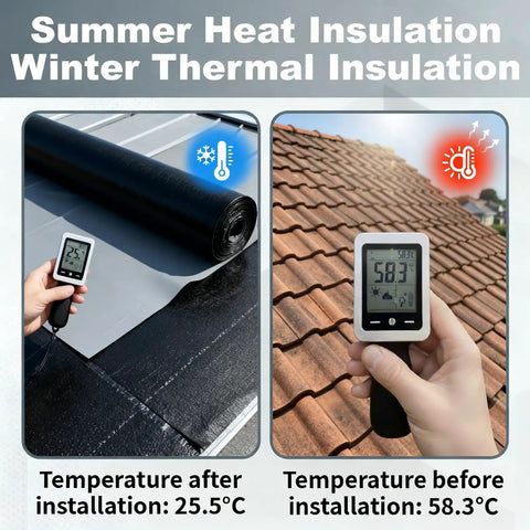 Summer and winter thermal insulation comparison of Self Adhesive Waterproof Roofing Roll Self Stick Rubber Membrane For House Dormer And Metal Roofs Tough As Nails Leak Stopper No Fuss Setup High Performance Black.