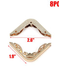 Solid Light Gold Metal Handbag Corner Protectors With Quick Snap Install, 2.6" size, 8pcs with ornate design. Ideal for totes and journals.