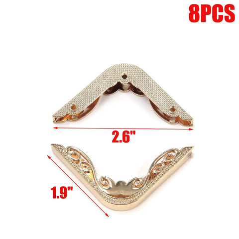 Solid Light Gold Metal Handbag Corner Protectors With Quick Snap Install, 2.6" size, 8pcs with ornate design. Ideal for totes and journals.