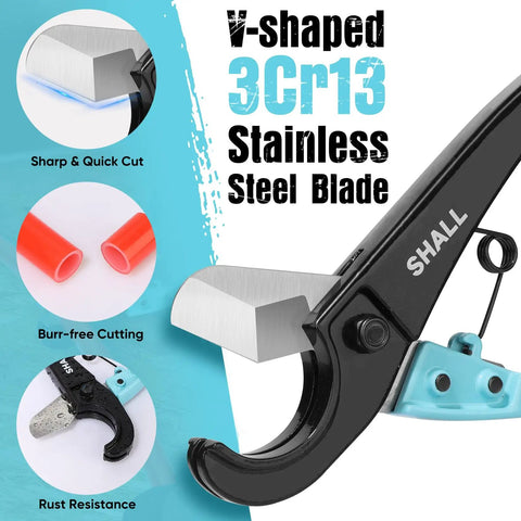 Close-up of Pex Pipe Cutter with 3Cr13 stainless steel blade, aluminum alloy body for fast, precise cuts on thin tubing.