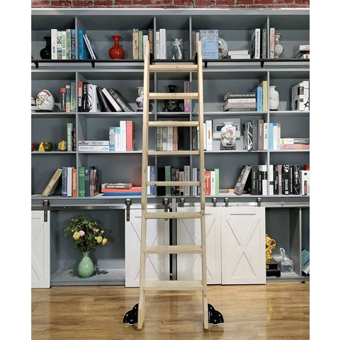 Rolling Ladder Library Hardware Kit No Ladder Sliding Barn Door Track System Basic Black With Big Spoke Wheel Rollers Carbon Steel Rails Rustproof Noise Reducing For Garage Closet 20 Ft Length, installed on bookshelf