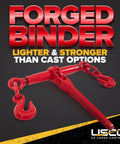 Five Pack Heavy Duty Ratchet Chain Binders For Three Eighth And One Half Inch Chains With 9200 Lbs Working Load Limit Use With Grade 70 Three Eighth Inch Chain And Grade 43 Three Eighth Or One Half Inch Chain Red Finish Two Grab Hooks Per Binder displayed with forged binder text