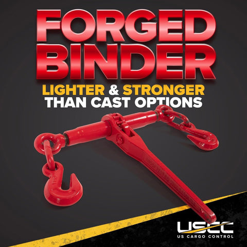 Five Pack Heavy Duty Ratchet Chain Binders For Three Eighth And One Half Inch Chains With 9200 Lbs Working Load Limit Use With Grade 70 Three Eighth Inch Chain And Grade 43 Three Eighth Or One Half Inch Chain Red Finish Two Grab Hooks Per Binder displayed with forged binder text