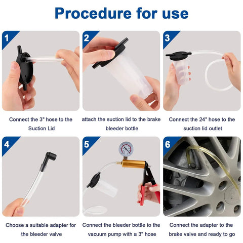 All In One Brake Vacuum Pump Kit With Hand Bleeder And 30 InHg Gauge For Easy Brake Fluid Bleeding And System Testing Pro Grade Vacuum Bleeder Tool Set That Delivers Quick Precise Results For Home Auto Maintenance, 6-step use guide