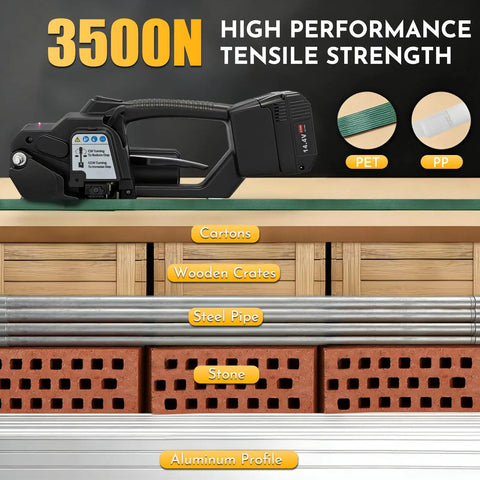 Cordless Electric Strapping Tool For Pet And Pp Straps Featuring Adjustable Tension Up To 3500N next to materials like cartons and wooden crates.
