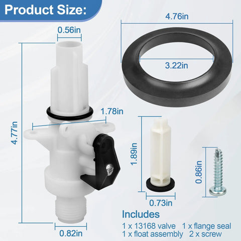 Upgraded RV Toilet Water Valve Kit For Aqua Magic IV Toilets Compatibility With High And Low Models Includes Flange Seal Easy Install Replacement Part For Camper RV Leakproof shown with size measurements.