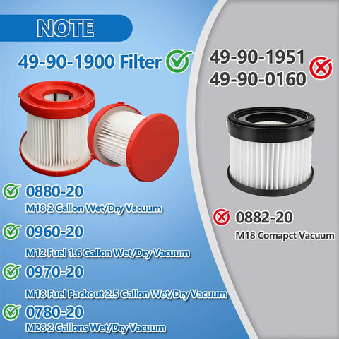 Image showing compatible vacuums for 2 Pack 49-90-1900 Wet Dry Vacuum HEPA Filter Replacement For M18 Fuel Cordless Vacuums.