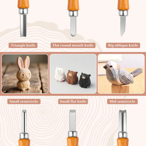 Beginner Friendly Wood Carving Kit Dope 10 Piece Set With 4 Carving Knives And 6 Chisels Wood Whittling Starter Kit Includes carved animals