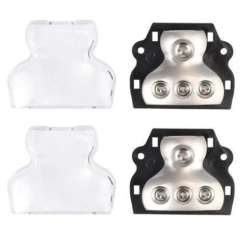 Beefy 3 Way Car Amplifier Power Distribution Block With 0 Gauge In And 3X 4 Gauge Out Nickel Plated Internals Ground Distributor For Auto Audio System Heavy Duty 2 Pack, two blocks shown