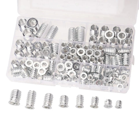 Solid Wood Threaded Nut Set With 125 Pieces Of Screw-In Inserts And Bushings for Pine, Plywood, Fiberboard use in container.