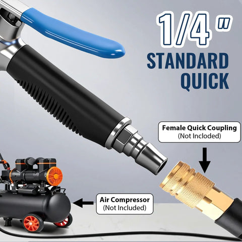High Pressure Air Blow Gun With 39 Inch Flexible Extension Hose and Adjustable Rotating Nozzle, 1/4 inch standard quick coupling and air compressor connection.