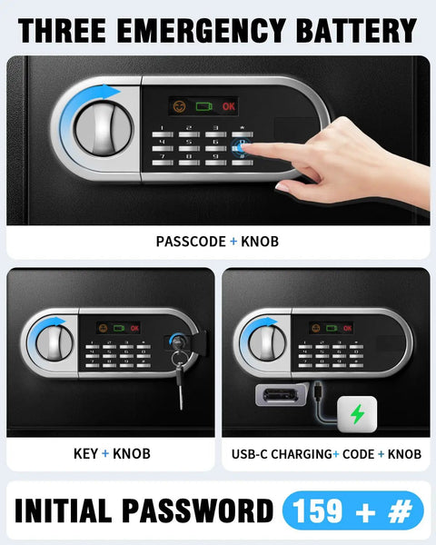 2.5 Cu Ft Home Safe Box digital lock keypad with Type-C charge, anti-pry features, and passcode, key, or USB-C access options.