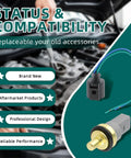 Premium Grade Engine Coolant Temp Sensor Replacement OEM 06A919501 with wiring connector on car engine backdrop.