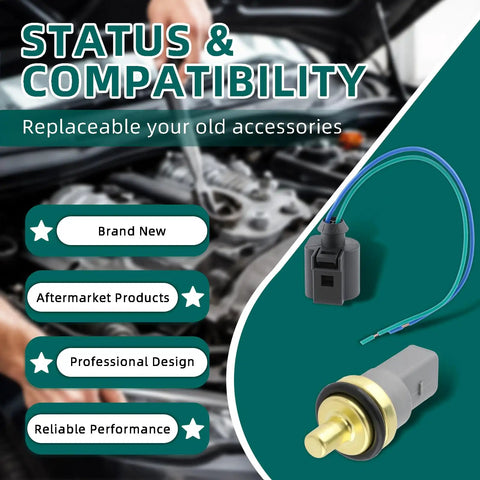 Premium Grade Engine Coolant Temp Sensor Replacement OEM 06A919501 with wiring connector on car engine backdrop.
