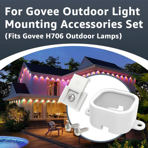 Mounting Brackets Kit For Govee Outdoor Lights Pro with 90 light clips and tape screw clips, H706A H706B compatible, white shown at night.