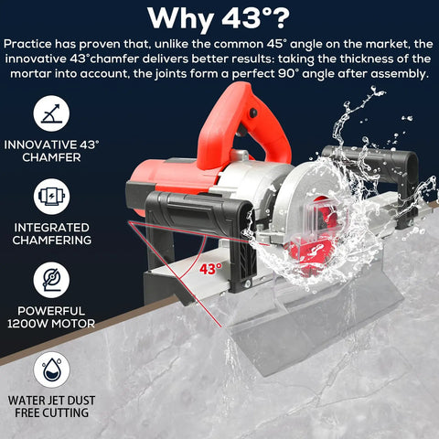 Heavy Duty 43 Degree Electric Tile Edge Cutter With Auto Water Spray For Flawless Ceramic And Porcelain Chamfers showing 43° angle and water spray feature.