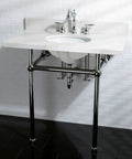 8 Inch Widespread Bathroom Faucet In Polished Chrome With Solid Brass Construction Drip Free Ceramic Disc Cartridge Deck Mount 3 Hole Installation One Point Two GPM Flow At 60 PSI Classic Glam Meets Everyday Convenience on white pedestal sink