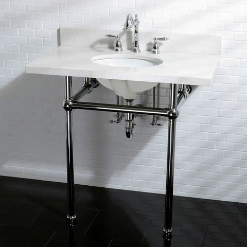 8 Inch Widespread Bathroom Faucet In Polished Chrome With Solid Brass Construction Drip Free Ceramic Disc Cartridge Deck Mount 3 Hole Installation One Point Two GPM Flow At 60 PSI Classic Glam Meets Everyday Convenience on white pedestal sink