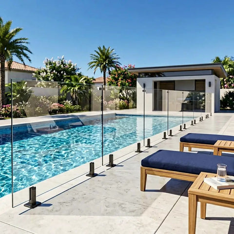 Heavy Duty Six Panel Frameless Tempered Glass Deck Railing Kit With Complete 2205 Stainless Steel Mounting Hardware 315 To 321 Inch Wide By 44 Inch Tall next to a poolside relaxation area.