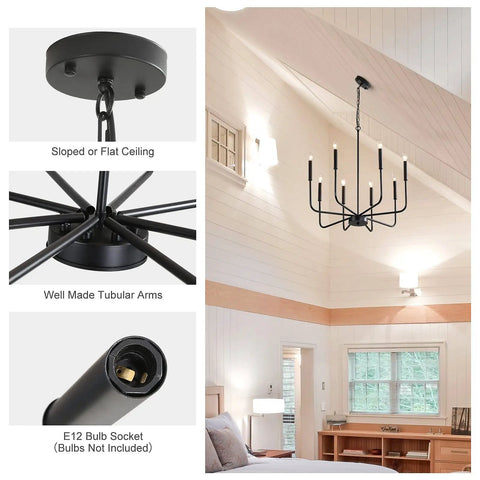 Eight Light Black Industrial Candle Chandelier For Dining Room And Kitchen Island with tubular arms and E12 socket.